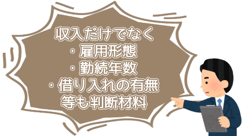 収入だけでなく雇用形態・勤続年数・借り入れの有無等も判断材料
